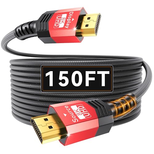Fiber Optic HDMI 2.1 Cable 150FT,48Gbps Ultra High Speed Braided Uni-Directional Cord-8K@60Hz 4K@120Hz/144Hz HDCP 2.2&2.3 eARC DTS:X HDR10 VRR Compatible for RTX 5090/PS5/Xbox X/S/TV etc - size: 8K-150FT fiber
