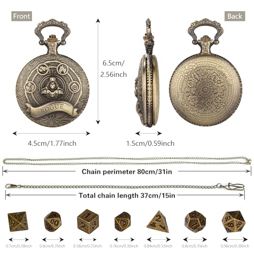 Mini DND Dice Set Steampunk Rogue Pocket Watch Shell Case, 7pcs Polyhedral Metal D&D Dice Set, D&D Gifts with Gift Box for Player, Role Playing Board Games Accessories, Bronze - color: Rogue