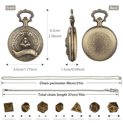 Mini DND Dice Set Steampunk Rogue Pocket Watch Shell Case, 7pcs Polyhedral Metal D&D Dice Set, D&D Gifts with Gift Box for Player, Role Playing Board Games Accessories, Bronze - color: Rogue