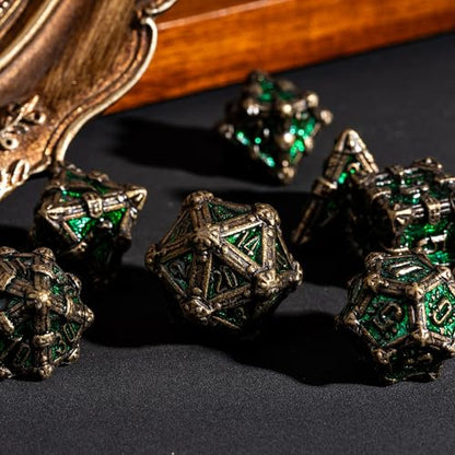 Metal Skull Dice Set with Skull Bag,7PCS Polyhedral Metal Dice Set for DND Role Playing Games(Bronze Green) - color: Skull Bronze Green