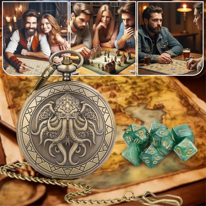 Cthulhu Theme Pocket Watch Dice Set, DND Mystery Dice for RPG COC Pathfinder, DND Starter Set, 7pcs Green Small Polyhedral Acrylic Dice, Fantasy Gifts for Cthulhu Fans, Birthday Gift for Men - color: Cthulhu Theme