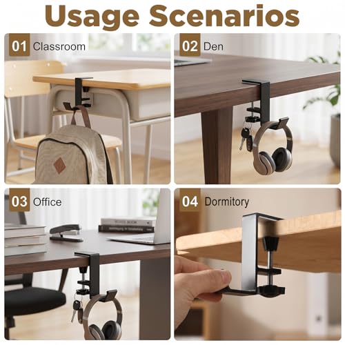 6pcs Under Desk Hook Clamp, Under Desk Mount Bag Holder Hook Clamp, Black Aluminum Alloy Bag Holder for Desks, Headphone Hanger Backpack Hooks with Adjustable Arm Clamps for Office School