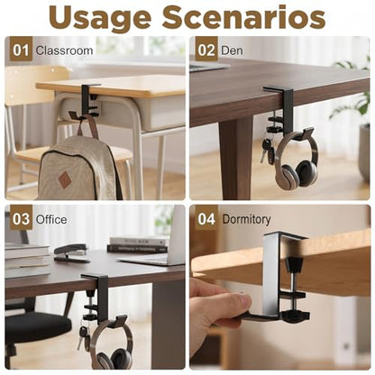 6pcs Under Desk Hook Clamp, Under Desk Mount Bag Holder Hook Clamp, Black Aluminum Alloy Bag Holder for Desks, Headphone Hanger Backpack Hooks with Adjustable Arm Clamps for Office School