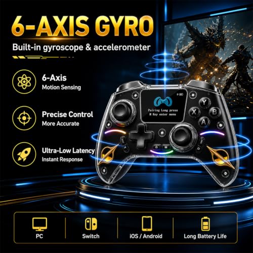 Morostron Wireless Controller for PC and Steam Games, Switch/Switch 2/iOS/Android Compatible, Interactive Screen, Hall Sticks, RGB, 1200mAh, Black - color: Black