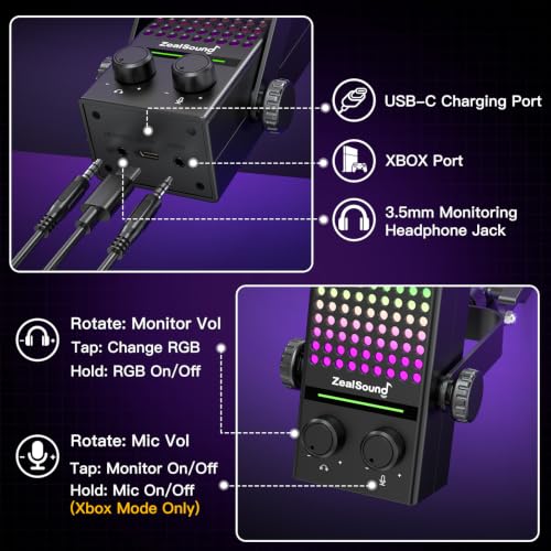 ZealSound Gaming Microphone for Xbox with Boom Arm, USB Microphone for PC Mac iPhone & Android, Noise Reduction, One-Tap Mute, Gain Control, Zero-Latency Monitoring for Gaming, Streaming, Podcasting