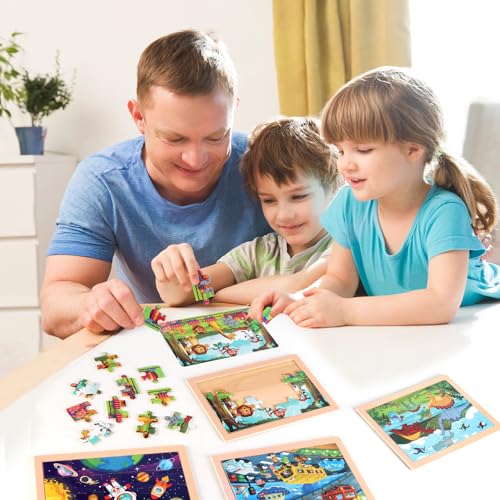 Wooden Educational Jigsaw Puzzles for Preschool Kids Ages 3-5, 4-Pack with 20 Pieces Dinosaur, Space, Transportation Wood Puzzles Set, Toddler Brain Teaser Toys, Gifts for Boys Girls Ages 3 4 5 6 - color: Mixed Styles B