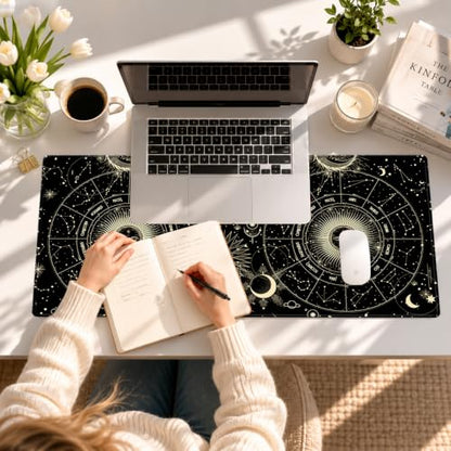 XXL Large Gaming Mouse Pad & Desk Protector (35.5"x15.75") with Non-Slip Base, Waterproof Surface | XXL Mouse Pad with Stitched Edges for Office Work, Gaming, Home Desk - Black Moon Sun - color: Black