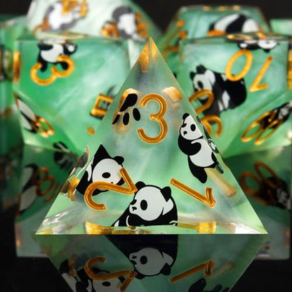 Haxtec Panda DND Dice Set Green Sharp Edge Resin Dice Set with Dice Case, Animal Sticker D and D Dice Polyhedral D&D Dice Set for Dungeons and Dragons TTRPGs DND Gift - color: Green Black