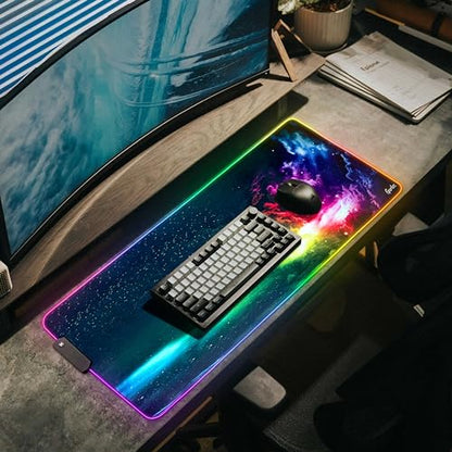 Gerlos RGB Gaming Mouse Pad, Large LED Desk Mat, 31.5 x 11.8 Inch | 12 light modes, non-slip base, water-resistant surface, stitched edges - color: Green