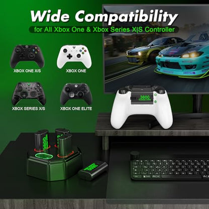 4 Pack Rechargeable Battery Pack Compatible with Xbox Series S/X,Charger Dock with 4 x 3600mWh NiMH Controller Battery Pack for Xbox One Wireless Controller - color: Green