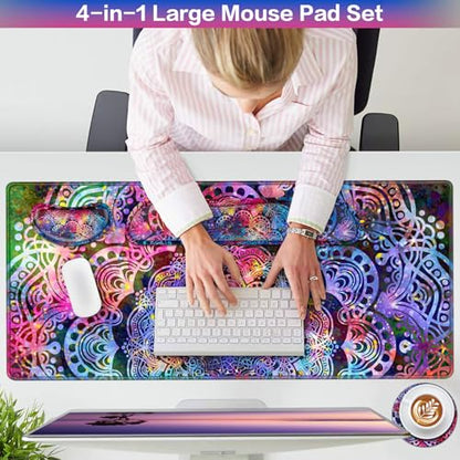 Mouse Pad with Wrist Rest, 4-in-1 Large Mousepad+Keyboard Wrist Rest+Mouse Pad Wrist Support+Cup Pad Set,Ergonomic Anti-Slip,Memory Foam Desk Mat for Home Office Gaming(35.4×15.7in) - color: Purple Mandala