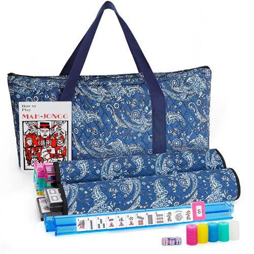 Jolitac American Mahjong Game Set, 166 Premium White Tiles, 4 All-in-One Color Rack/Pushers, Complete Mahjong Tiles Set with Blue Carrying Bag (Ma Jong, Mah-Jongg, Majiang)