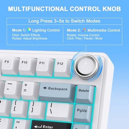 Aula F75 Wireless Mechanical Keyboard, 75% Hot Swappable Custom Gaming Keyboard with Knob,BT5.0/2.4GHz/USB-C,RGB Backlit,Pre-lubed Reaper Switches, Mechanical Gaming Keyboards (Glacier Blue) - color: Glacier Blue