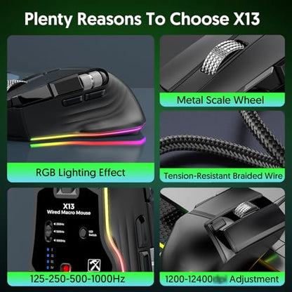 LICAEVEY Wired Gaming Mouse with RGB Lighting, Ergonomic Design, 11 Programmable Buttons & Dual Scroll Wheels for High Precision Gaming