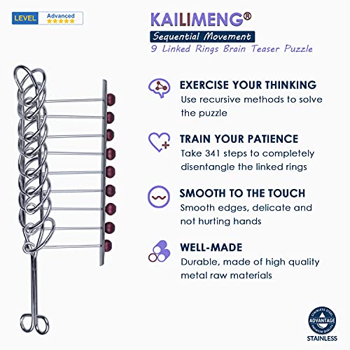 KAILIMENG 9 Linked Rings Metal Puzzle - Adult Hard Puzzle - Brain Teasers Mind Game for Adults - Classical Handheld IQ Trick Toy