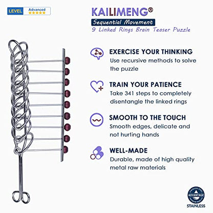 KAILIMENG 9 Linked Rings Metal Puzzle - Adult Hard Puzzle - Brain Teasers Mind Game for Adults - Classical Handheld IQ Trick Toy