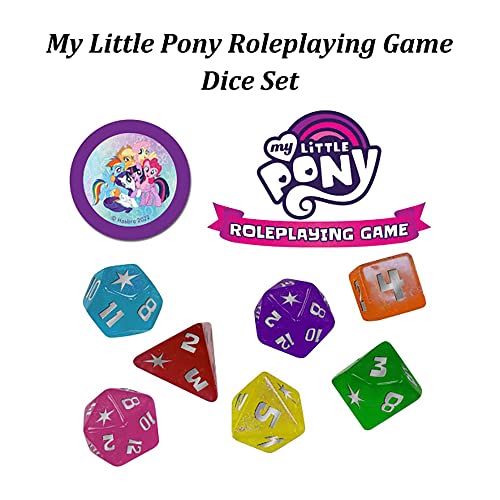 Renegade Game Studios My Little Pony RPG Dice Set - Polyhedral Dice for Tabletop Roleplaying | Official set with d4-d20, two-sided icon coin, and purple velvet storage bag. Compatible with the MLP Roleplaying Game