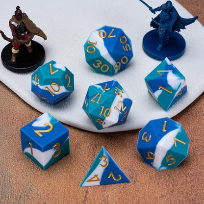 DND Silicone Rubber Polyhedral Dice,Sharp Edges D&D Dice Set 7pcs (D4, D6, D8, D10, D12, D20, D%) for Dungeons and Dragons, RPG, MTG for Ages 15 and Up - color: Royal Blue White Sky Blue