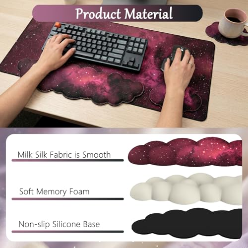 Cloud Mouse Pad Keyboard Wrist Rest 4PCS Extended Large Galaxy Desk Mat Pad Set Memory Foam Non-Slip Cute Ergonomic Gaming Mouse Pad Wrist Support for Computer Laptop Home Office Black Pink - color: 4pcs Black Pink