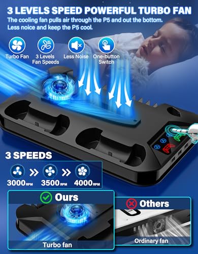 PS5 / PS5 Slim Cooling Station with Controller Charging Station for PlayStation 5 Console Disc/Digital, Cooling Stand for PlayStation 5 Slim with Cooler Fan Accessories with 3 USB Hubs/Headset Holder - color: Black