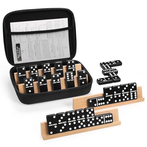 Jumbo Dominos Set for Adults with 4 Wooden Racks/Trays, Double 6 Dominoes Travel Set with Portable Case Double Six Dominoes Set with 4 Tiles Holders, 28 Tiles Dominos Set for Family Board Games - color: Black
