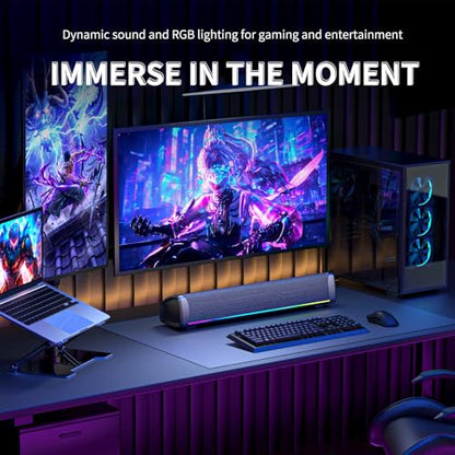 Computer Speakers for Desktop PC, Gaming Soundbar with 4 Drivers, 12 RGB Lighting Modes, USB/USB-C Powered PC Speakers, Plug & Play Monitor Sound Bar with Mic & Headphone Jack for Laptop, PC, Black