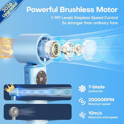 6000mAh Portable Handheld Fan with Ice Cooling, 199 Levels Stepless Speed, 20H Long Battery Life, 20000RPM Turbo Fan Rechargeable Personal Mini Fan for Travel, Outdoor, Makeup (Blue) - color: Blue