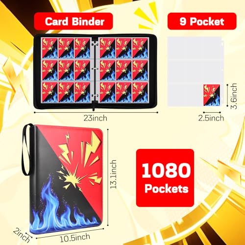 Card Binder 9 Pocket, 1080 Cards Trading Card Binder with 60 Removable Sleeves, Portable Card Binder with Zipper Suitable for TCG, CCG, Sports Cards, Card Sleeves Made of Premium PP Material for Gift