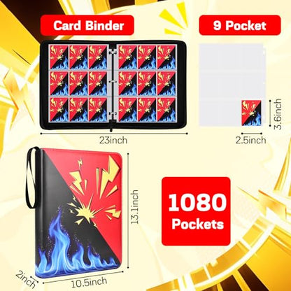 Card Binder 9 Pocket, 1080 Cards Trading Card Binder with 60 Removable Sleeves, Portable Card Binder with Zipper Suitable for TCG, CCG, Sports Cards, Card Sleeves Made of Premium PP Material for Gift