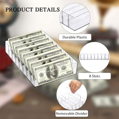 Hipiwe Cash Organizer Plastic Mail Organizer Tray Clear Desk Holder with Removable Divider, 8 Slots Cash Storage Tray Letter Sorter for Cash Budgeting Bill Envelope