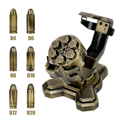 WFIGHT Revolver Dice Bullet Nest Dice Set for DND - 6 Zinc Alloy Bullet Polyhedral Dice in Spinning Cylinder Case, RPG Metal Gaming Accessory Gift (D4, Bronze) - color: Bronze, style: D4