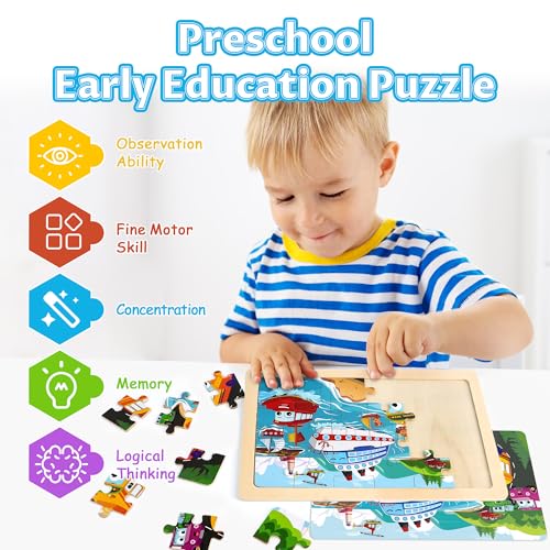 Wooden Puzzles for Kids Ages 3-5, 4 Packs Puzzles for Kids Ages 4-6, 24-Piece Truck Vehicle Wood Jigsaw Puzzles for Toddlers 3-5,Preschool Educational Toys Gifts for Children Ages 4-8 Boys (Vehicle)