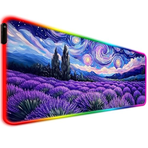 RGB Fantasy Starry Night Lavender Field Gaming Desk Mat, Computer Keyboard Large Extended Long Floral LED Mouse Pad for Office and Home, XL (W27) - color: Rgb-w27