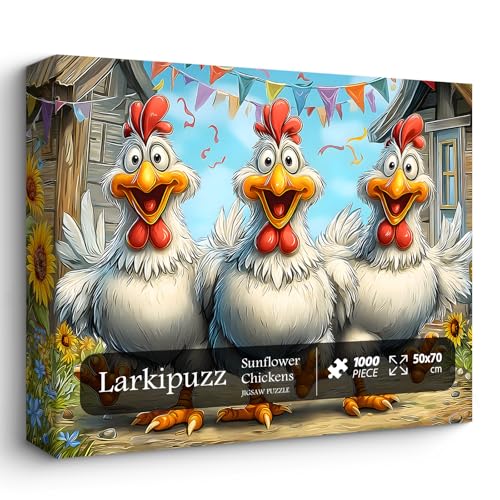 Funny Chicken Puzzles for Adults 1000 Pieces, Larkipuzz Cute Rooster Jigsaw Puzzle Garden Farm Flower, Impossible Challenge Animal Theme as Home Decor - style: Sunflower Chickens