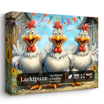 Funny Chicken Puzzles for Adults 1000 Pieces, Larkipuzz Cute Rooster Jigsaw Puzzle Garden Farm Flower, Impossible Challenge Animal Theme as Home Decor - style: Sunflower Chickens