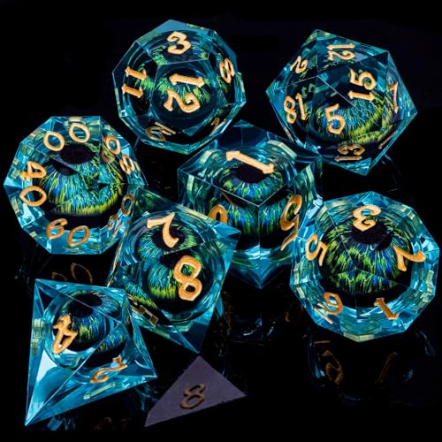 ARUOHHA DND Resin Dice Dragon Eye Dice Liquid Core Red Sharp Edged Dice Set with Gift Box, Polyhedral D and D Dice Set Role Playing Game D20 D12 D10 D8 D6 D4 - color: Yy07-blue