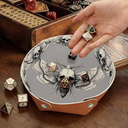 2Pcs PU Dice Holder Folding for RPG DND Table Games, Dice Trays Storage Box Portable Folding Rolling Dice Tray, Grey Moth Skull - color: Multi 8