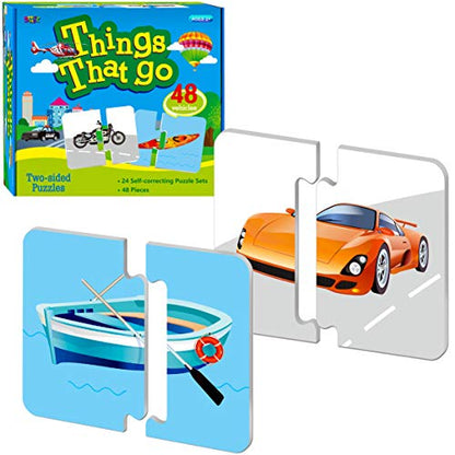 48 Vehicle Matching Puzzles with Error-Correction Mechanism Pre-Primer in 2 Pieces, Perfect for Preschool Learning (24 Blocks Double Sided) - style: Vehicle-A