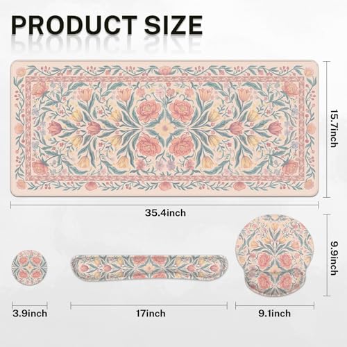 Britimes Pink Floral Keyboard Mouse Pad Set Retro 4in1 Large Mousepad+Keyboard Wrist Rest+Mouse Wrist Rest+Coaster Ergonomic Design for Home Office Computer 35.4x15.7 inches - color: Colorful Wildflowers