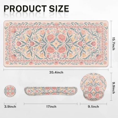 Britimes Pink Floral Keyboard Mouse Pad Set Retro 4in1 Large Mousepad+Keyboard Wrist Rest+Mouse Wrist Rest+Coaster Ergonomic Design for Home Office Computer 35.4x15.7 inches - color: Colorful Wildflowers