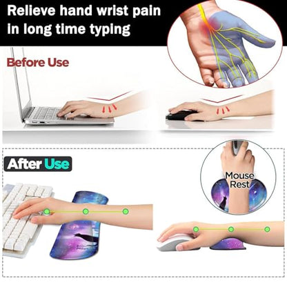 Large Gaming Mouse Pad+ Keyboard Wrist Rest Set, Ergonomics Memory Foam Mouse Mat Wrist Rest Support for Home Office, Waterproof Extended Mousepad 31.5x11.8in, Black Cat Starry Night Desk Pad - color: Yvb-mousepad-9-f-158