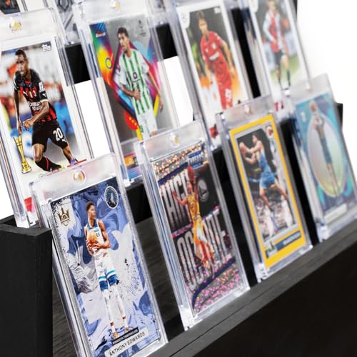 Emfogo Trading Card Display, 3-Tier Card Display Case with Custom Drawer, Wood Graded Card Display with Supporters and Dividers, Sports Card Display Case for Collection (Black) - color: Black