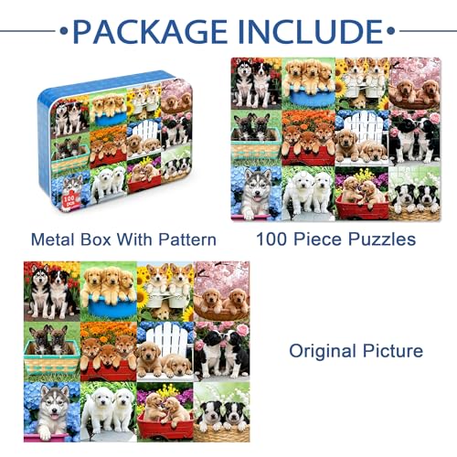 LELEMON Puzzles for Kids Ages 4-6,Cute Dogs 100 Piece Puzzles for Kids Ages 6-8 in a Metal Box,Educational Jigsaw Puzzles,Childrens 100 Piece Puzzle Games Puzzle Toys for Girls and Boys - color: Cute Dogs