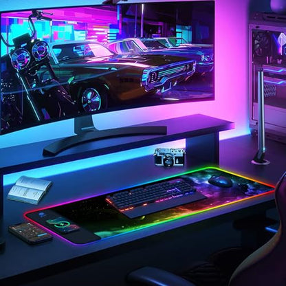AIMSA Wireless Charging RGB Gaming Mouse Pad 15W, Extended LED Desk Mat Protector 800x300x4MM, 14 Light Modes Extra Large Mousepad Non-Slip Rubber Base Desk Mat, Nebula Universe - color: Nebula Universe