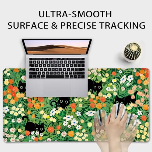 Cute Flower Cat Large Gaming Mouse Pad Desk Mat 31.5"x15.7" | Extended Mousepad, Non-Slip Rubber Base , Stitched Edges, for Computer/Laptop/Office/Home - color: Cat Floral
