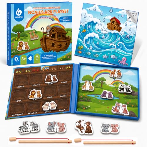 Travofun 4-in-1 Animal Game,Magnetic Travel Game for Toddlers Ages 3-5 | 4-in-1 travel toy with magnetic fishing, animal matching, spelling, and story play in a colorful Noah's Ark picture scene. - style: 4-in-1 Animal Game