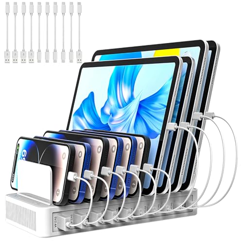 Charging Station for Multiple Devices, 100W 10 Ports Charging Dock with 10 Cables Smart IC Tech and Adjustable Dividers Type-C，Multi USB Charger for iPhone Galaxy iPad Tablet，White - color: 100W10Port White(Short Cables included)