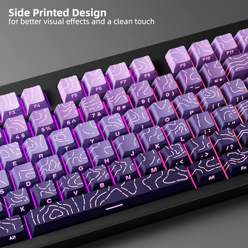 FunHub Shine Through PBT Keycaps - Purple Gradient Topographic Backlit Keycaps Set 133 Keys 60 65 75 100 Percent Cherry Profile,Side Printed Double Shot RGB Key Caps for MX Switches Gaming Keyboard - color: Purple