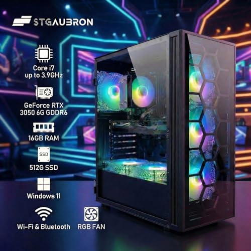 STGAubron Gaming PC Desktop,Core I7,RTX 3050 6G,16G RAM,512G SSD | Gaming Computer Tower for Streaming,Video Editing,Home,School,I7 up to 3.9GHz,ARGB Fan,WiFi 6,BT 5.0,4K DP,HDMI,Win11 Home