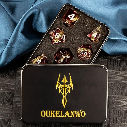 OUKELANWO Magic Lord Rings DND Dice Set with Box, 7Pcs Resin LOTR D&D Dice Set for Role Playing Game, Red Dungeons Dragons D and D Sharp Edge Dice D20 D12 D10 D8 D6 D4 - color: Red & White